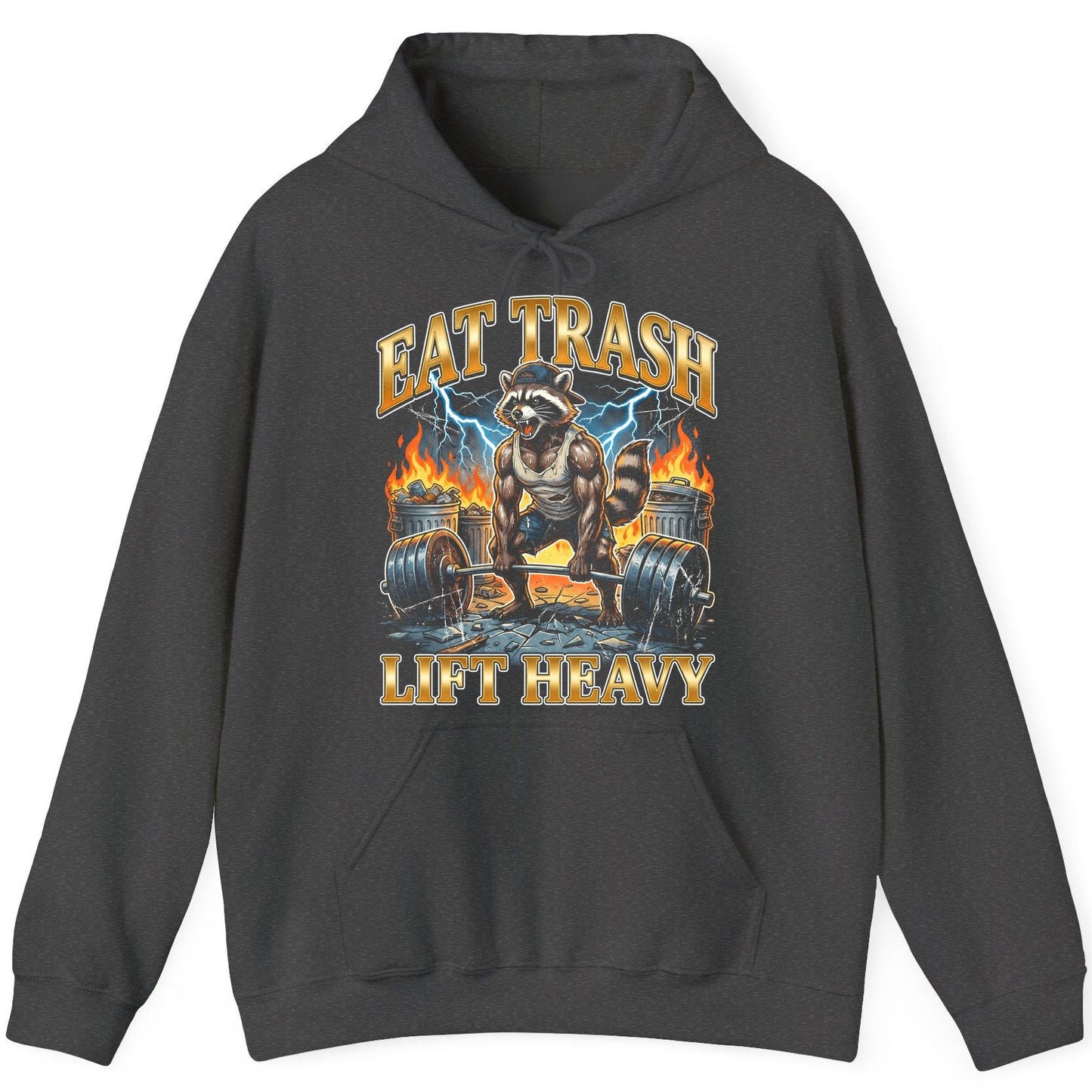Eat Trash Lift Heavy raccoon Hoodie Dark Heather product mockup