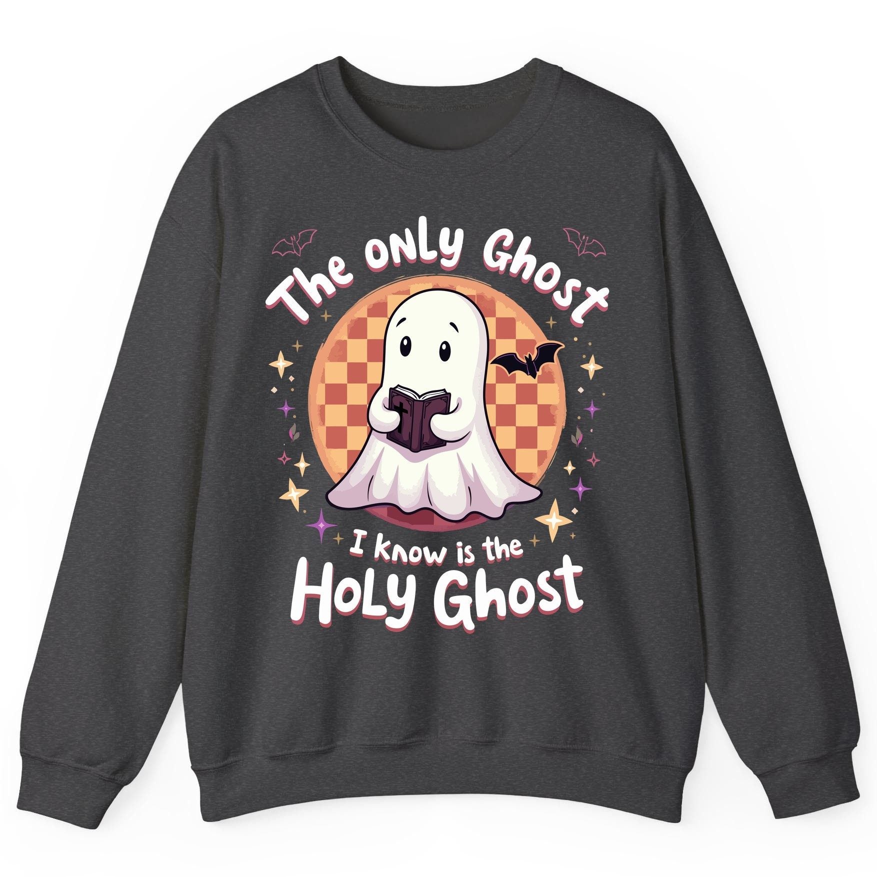 The Only Ghost I Know Is the Holy Ghost christian Halloween Sweatshirt Dark Heather product mockup