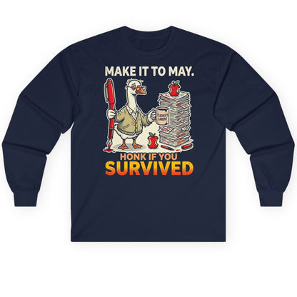 Make It to May Honk If You Survived Long Sleeve Tee - product mockup - Navy