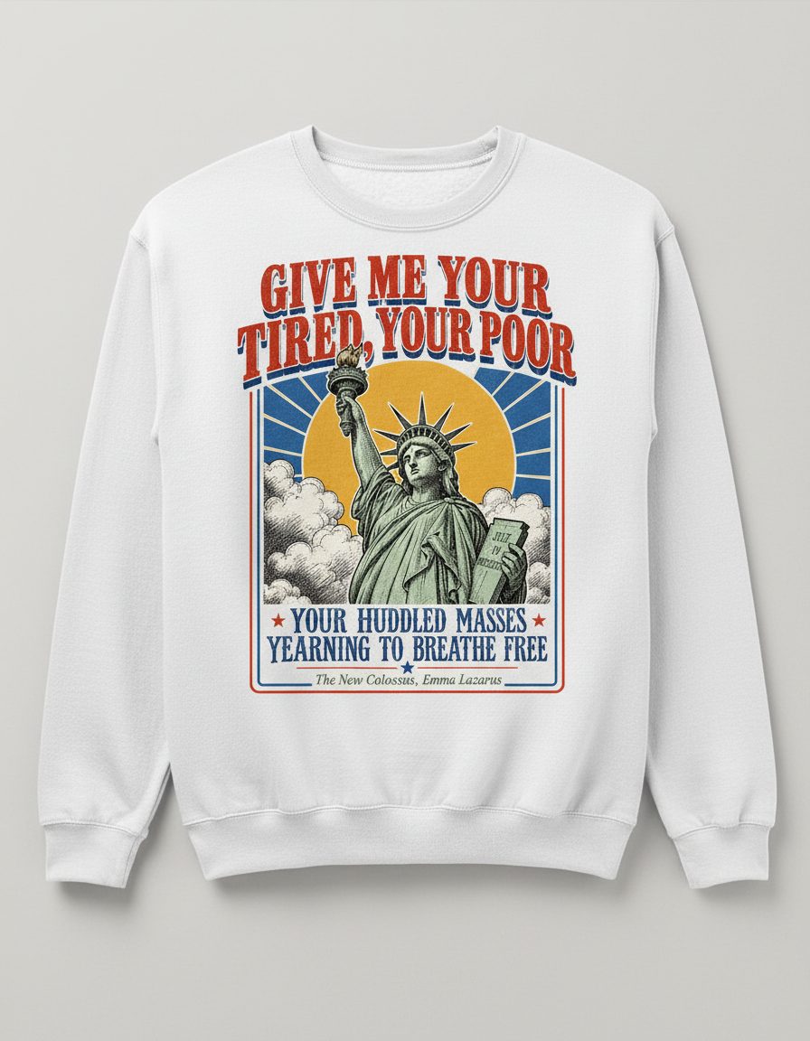 Give Me Your Tired Poor Patriotic Retro Statue Liberty Sweatshirt - product mockup - White