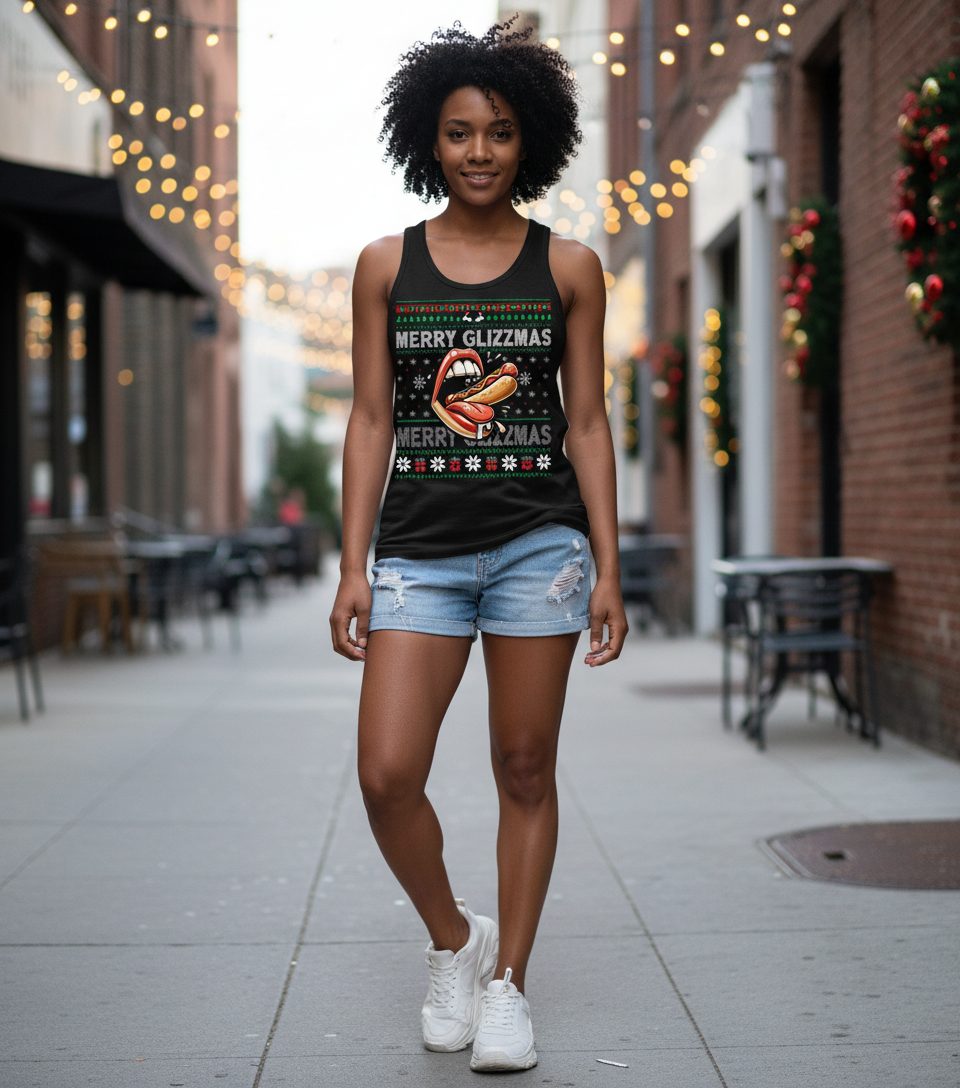 Merry Glizzzmas hot dog Tank Top Black lifestyle mockup