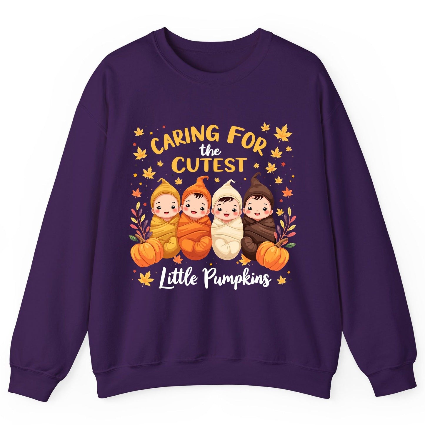 Caring for the Cutest Little Pumpkins swaddled babies Sweatshirt Purple product mockup