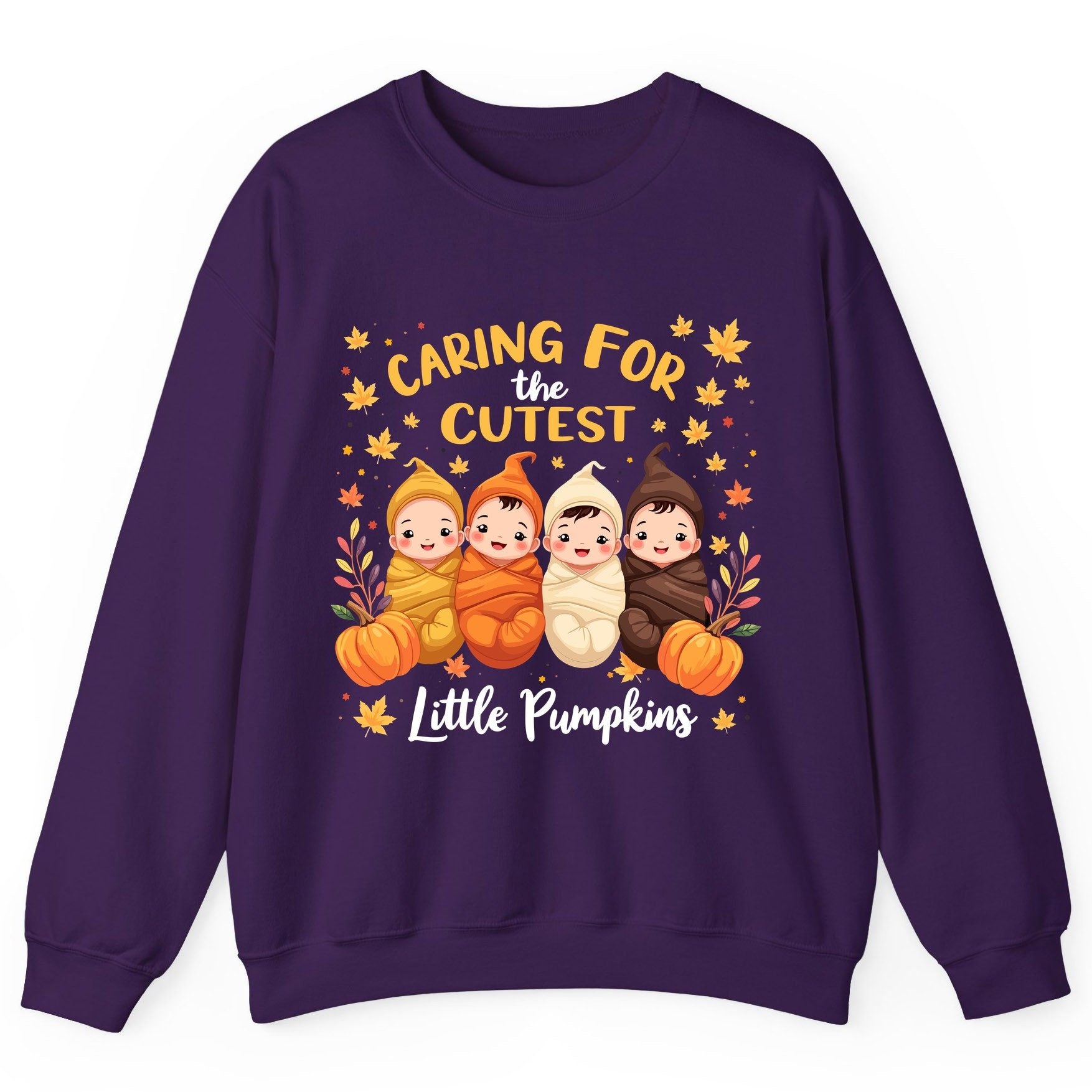Caring for the Cutest Little Pumpkins swaddled babies Sweatshirt Purple product mockup