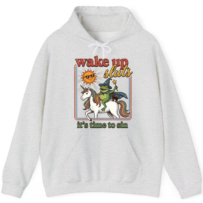 Wake Up Sluts It's Time to Sin Funny Wizard Frog Hoodie - product mockup - Ash