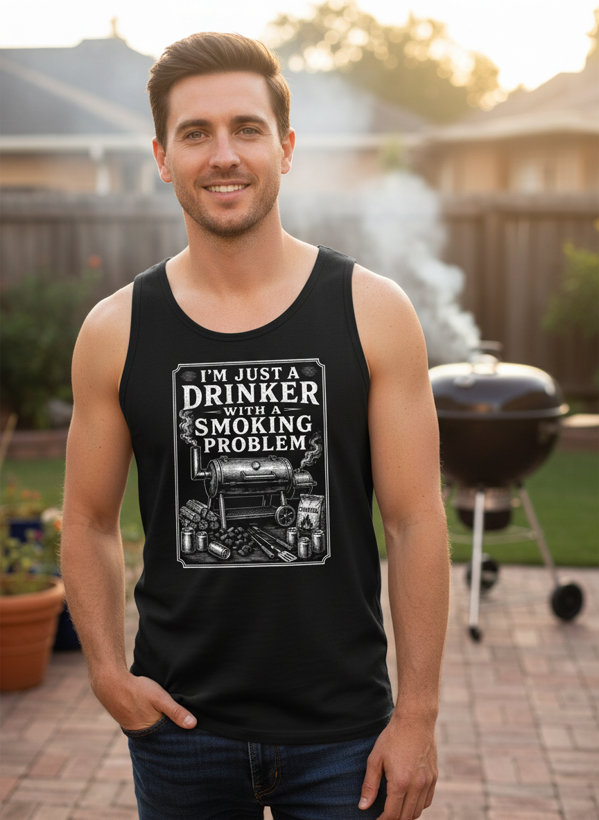 I'M JUST A DRINKER WITH A SMOKING PROBLEM Funny Drinker With A Smoking Problem BBQ Tank Top - lifestyle model mockup - Black