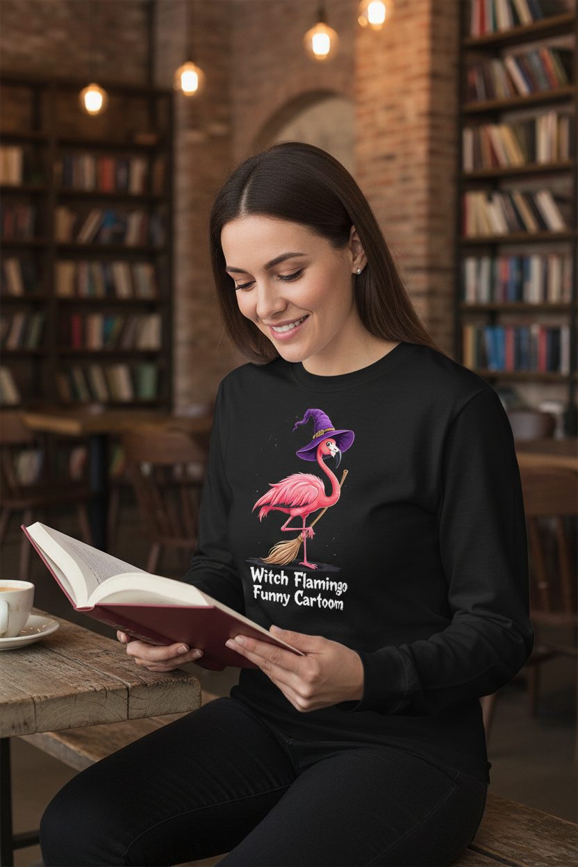 Witch Flamingo flamingo Long Sleeve Tee Black lifestyle mockup