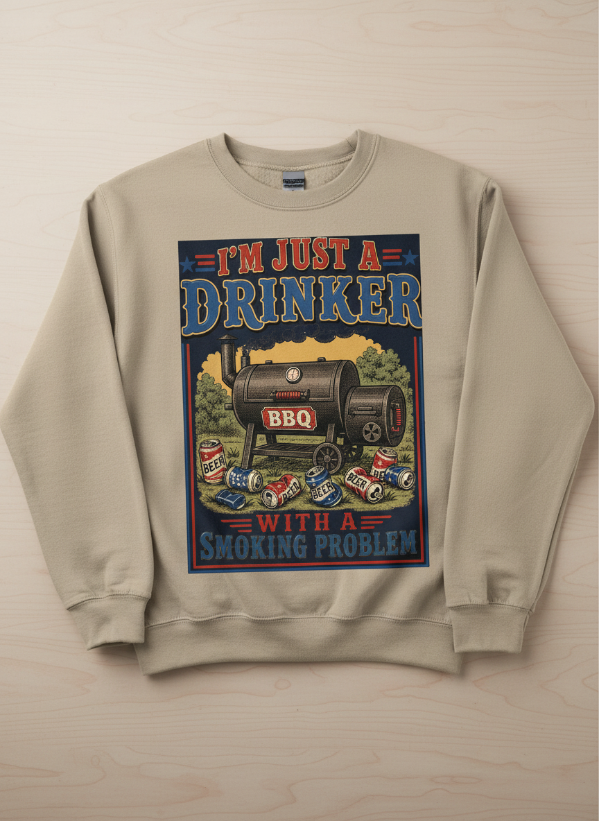 I'M JUST A DRINKER WITH A SMOKING PROBLEM Funny Drinker With A Smoking Problem BBQ Sweatshirt - product mockup - Sand