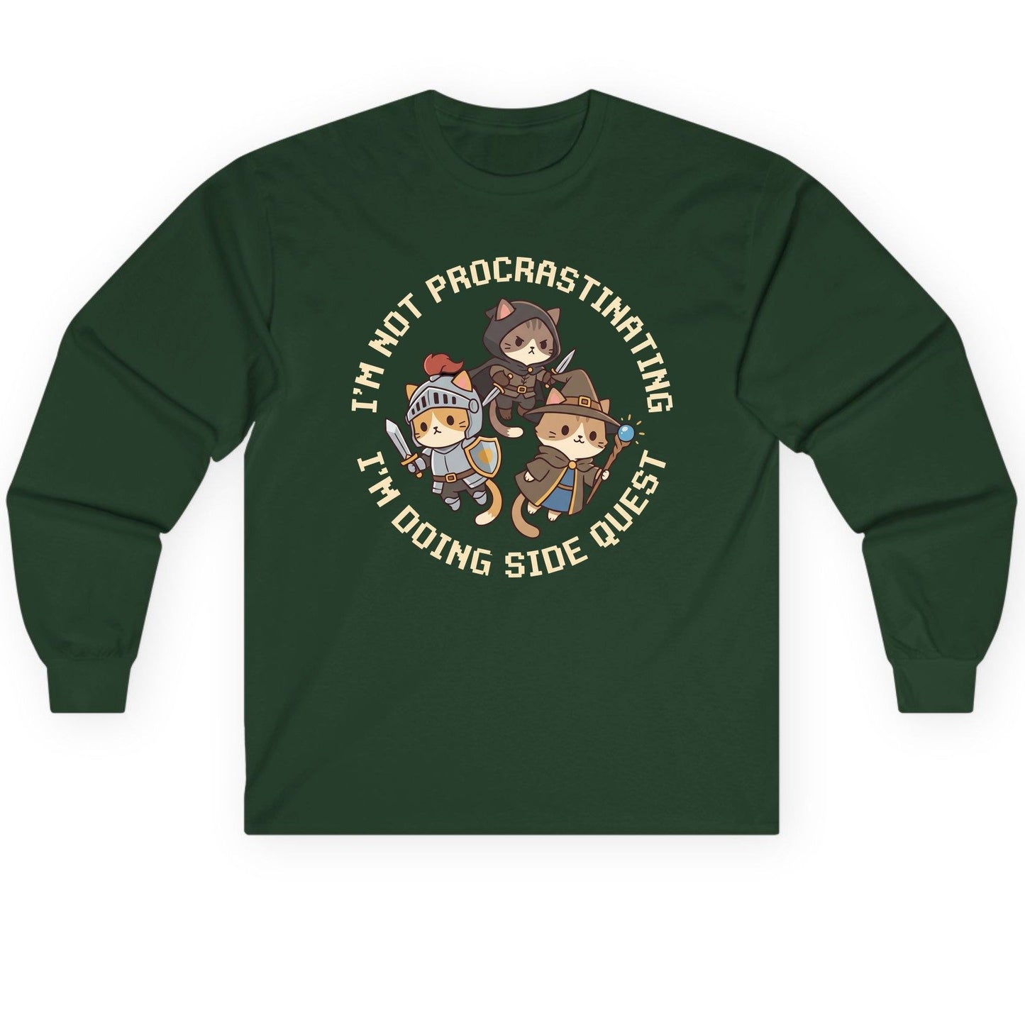 I'm Not Procrastinating I'm Doing Side Quest rpg cats Long Sleeve Tee Forest Green product mockup