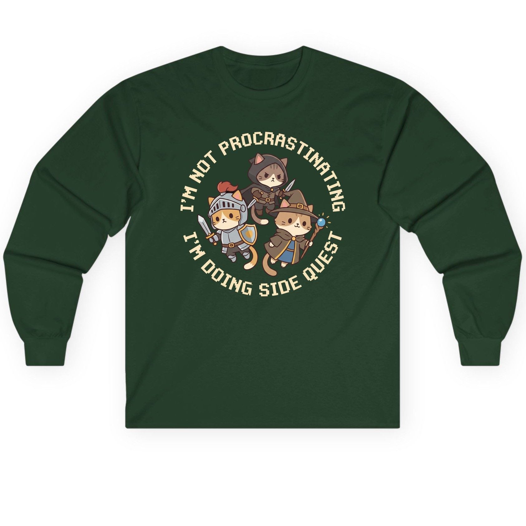 I'm Not Procrastinating I'm Doing Side Quest rpg cats Long Sleeve Tee Forest Green product mockup