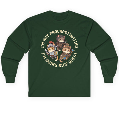 I'm Not Procrastinating I'm Doing Side Quest rpg cats Long Sleeve Tee Forest Green product mockup