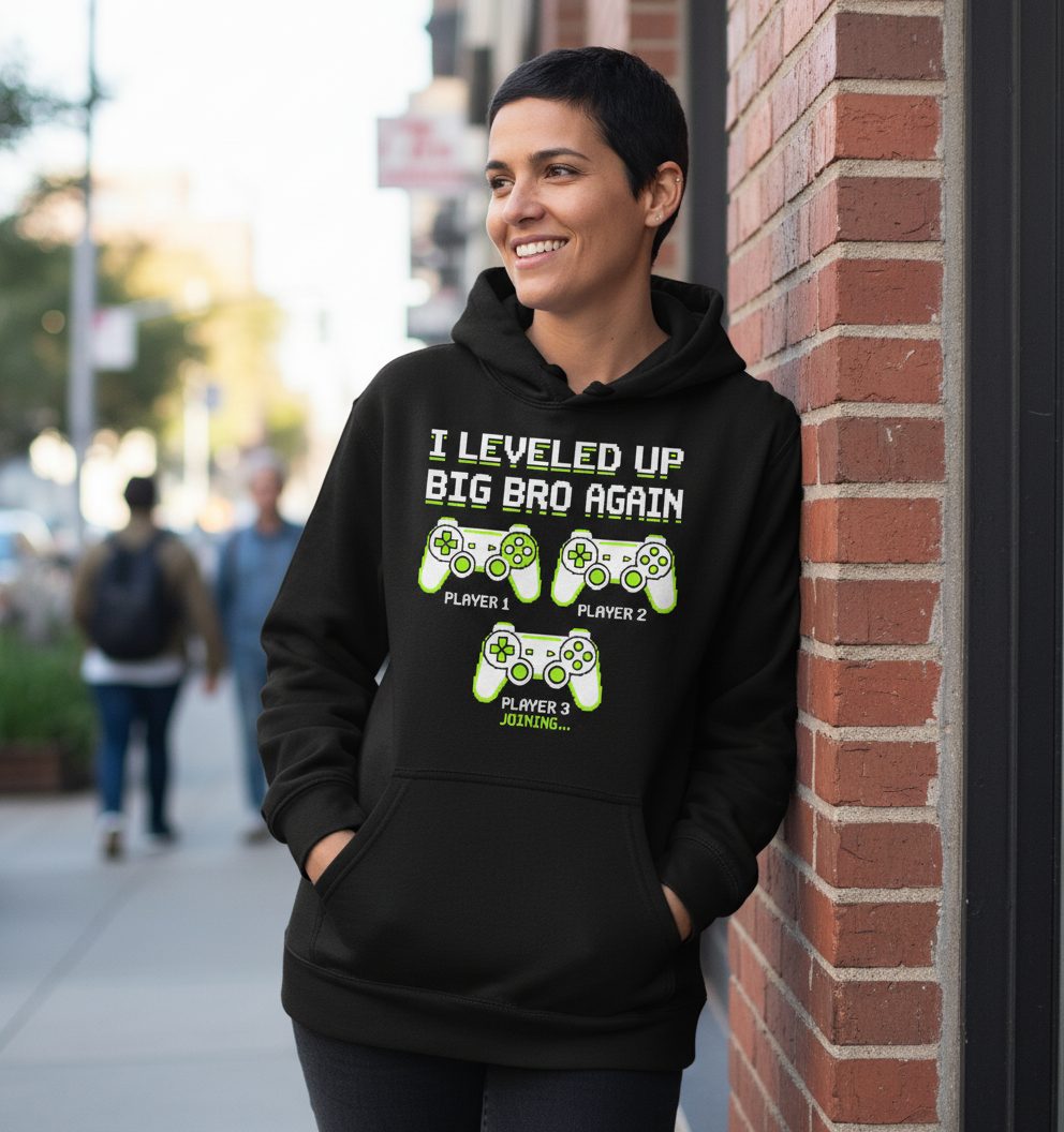 I Leveled UP BIG BRO AGAIN Retro Brother Announcement Hoodie - lifestyle model mockup - Black