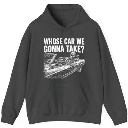 Whose Car We Gonna Take? skeletons in a car Hoodie Dark Heather product mockup