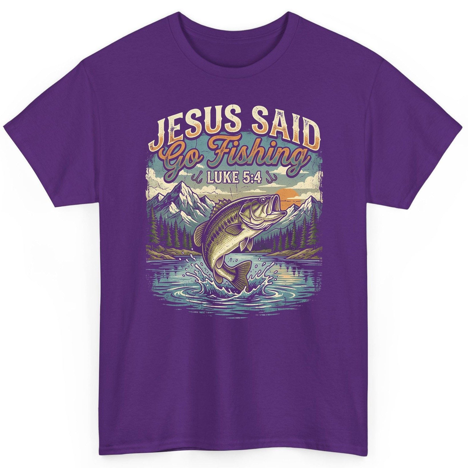 JESUS SAID Go Fishing LUKE 5 4 Retro Christian T-Shirt - product mockup - Purple