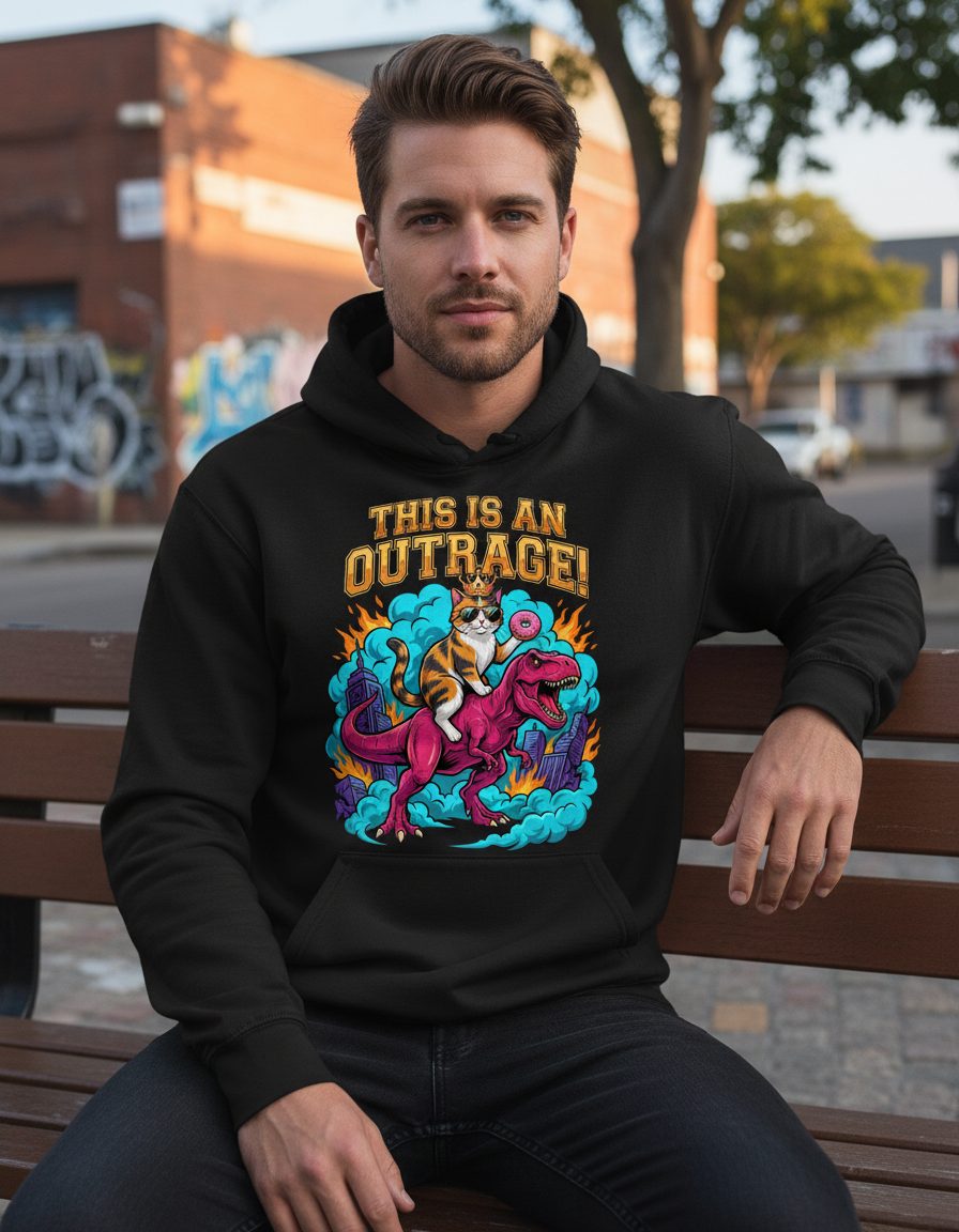 THIS IS AN OUTRAGE! Cat riding a T-Rex Hoodie Black lifestyle mockup