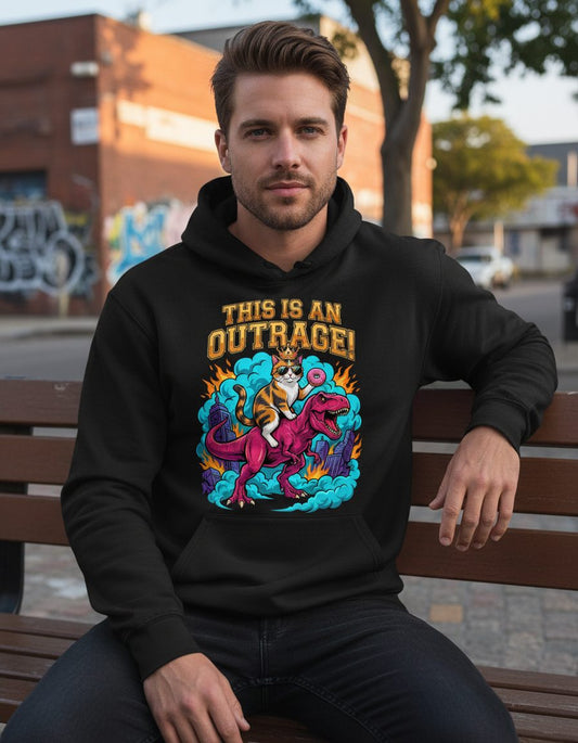 THIS IS AN OUTRAGE! Cat riding a T-Rex Hoodie Black lifestyle mockup