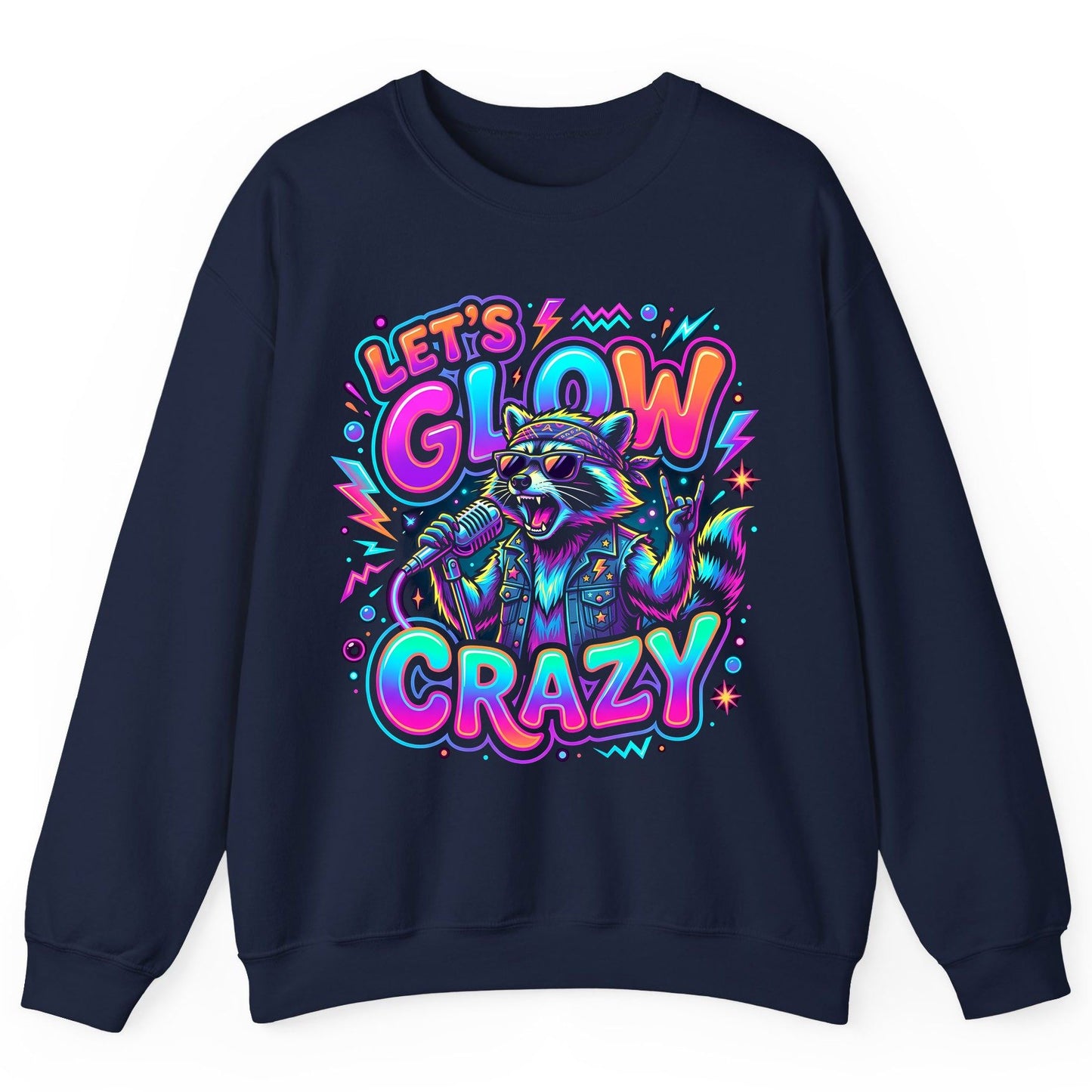 Let's Glow Crazy Funny Rockstar Raccoon Sweatshirt - product mockup - Navy