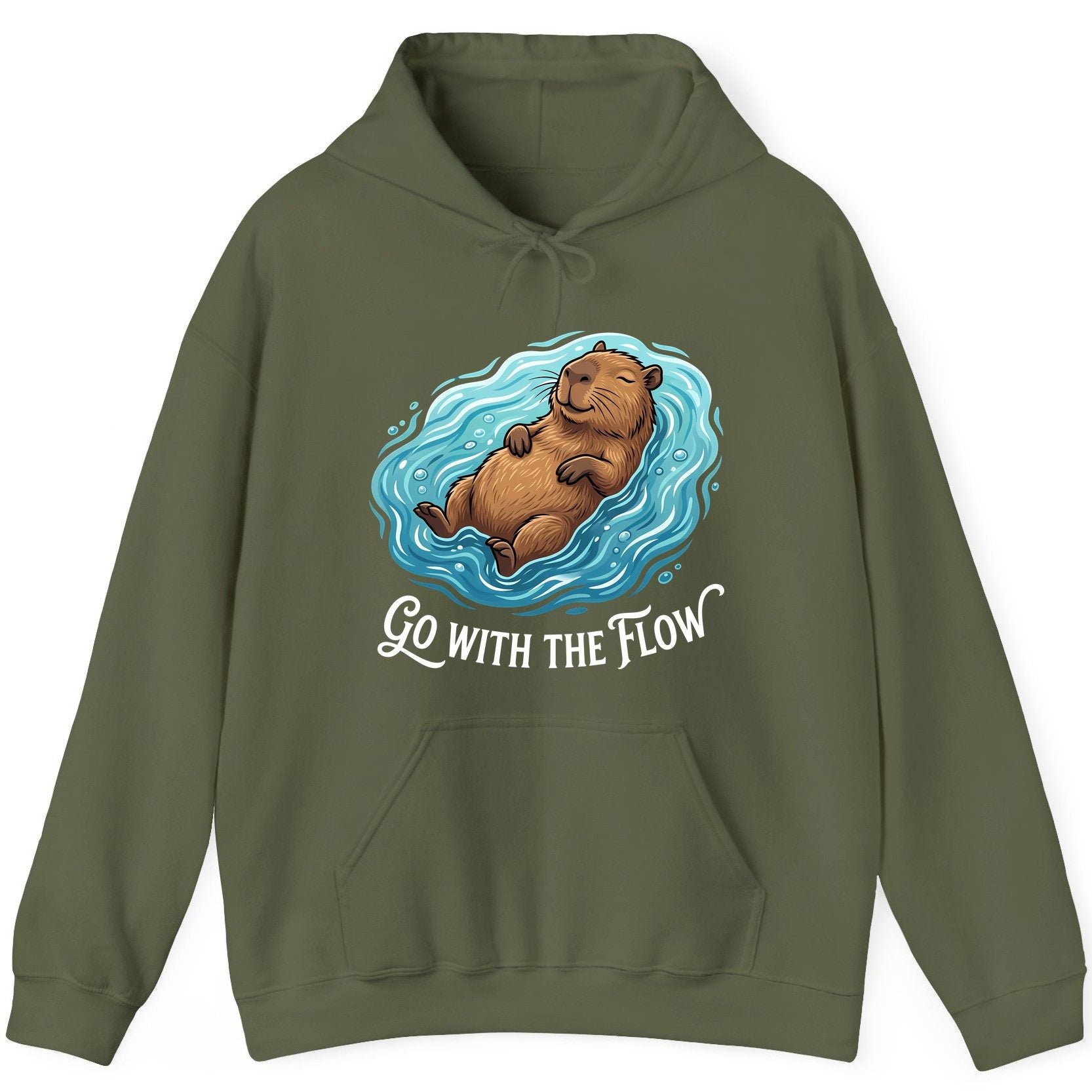 Go WITH THE Flow Funny Capybara Hoodie - product mockup - Military Green