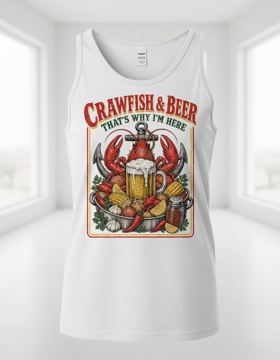 Crawfish & Beer That's Why I'm Here Retro Boil Tank Top - product mockup - White
