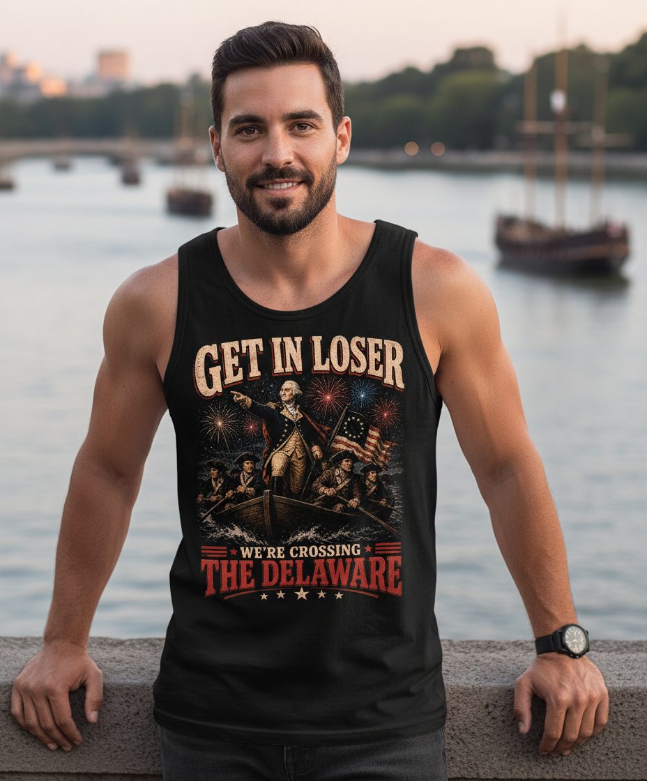 GET IN LOSER WE'RE Crossing THE Delaware Tank Top - lifestyle model mockup - Black