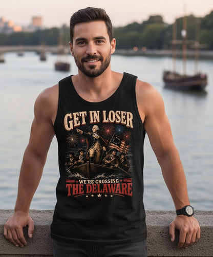 GET IN LOSER WE'RE Crossing THE Delaware Tank Top - lifestyle model mockup - Black