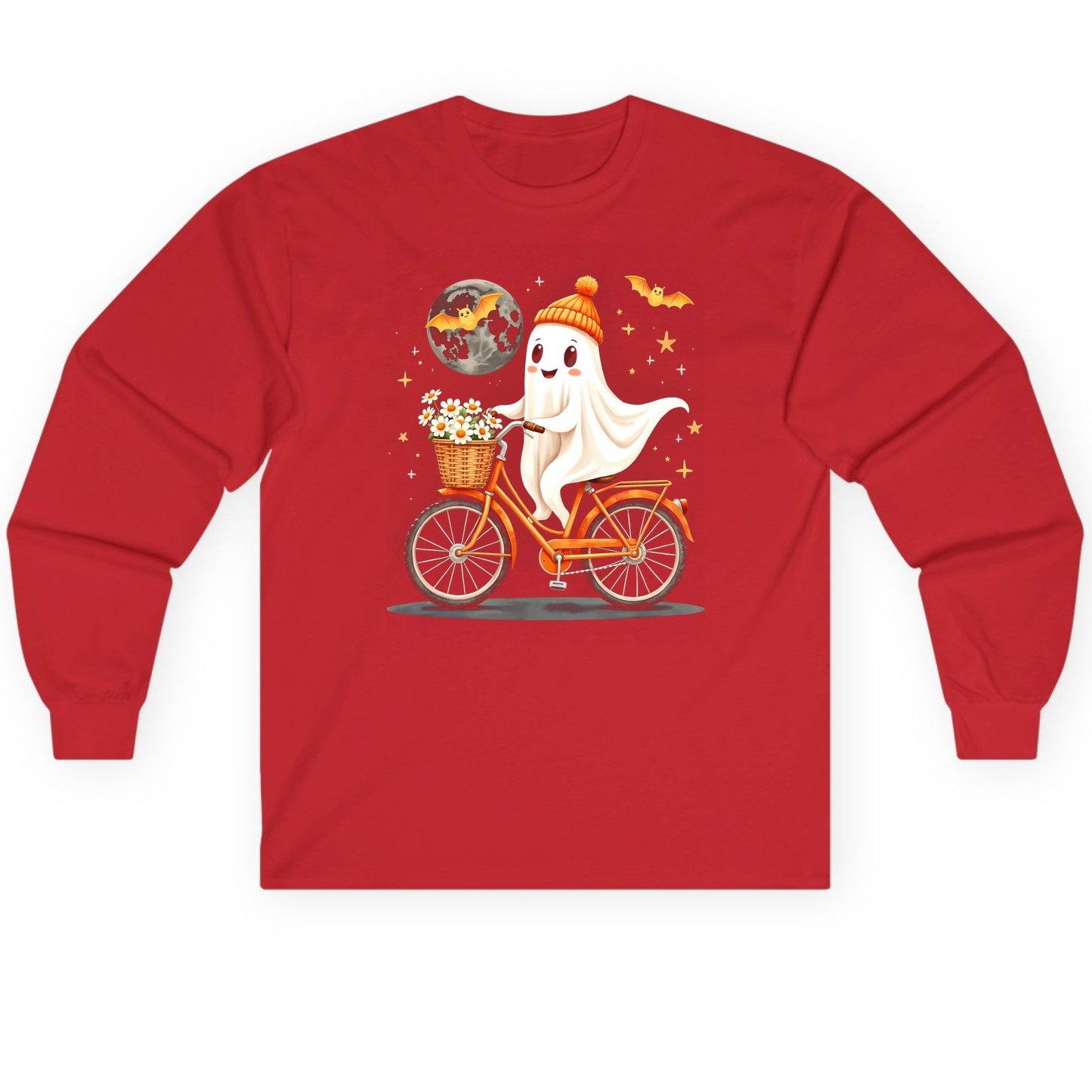 Cute Ghost on Bicycle cute ghost Long Sleeve Tee Red product mockup