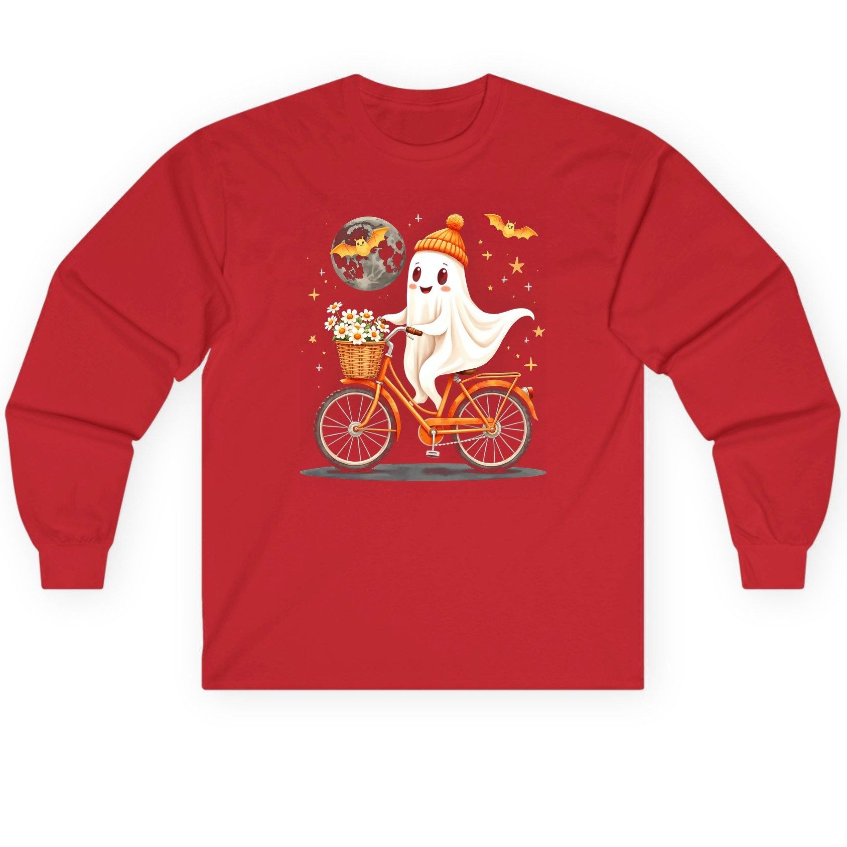 Cute Ghost on Bicycle cute ghost Long Sleeve Tee Red product mockup
