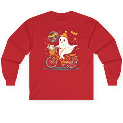Cute Ghost on Bicycle cute ghost Long Sleeve Tee Red product mockup