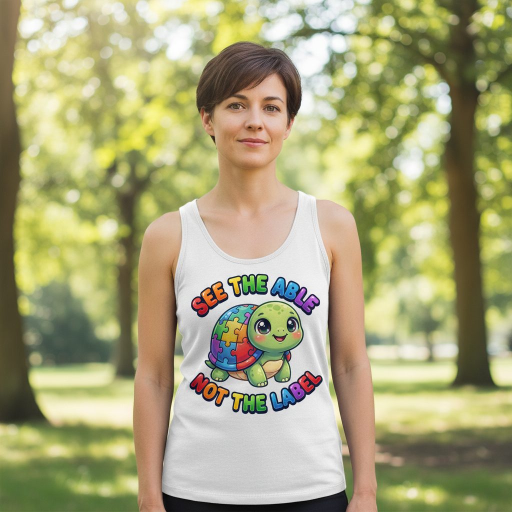 SEE THE ABLE NOT THE LABEL Autism Awareness Tank Top - lifestyle model mockup - White
