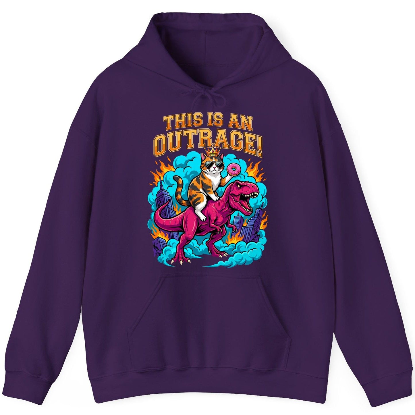 THIS IS AN OUTRAGE! Cat riding a T-Rex Hoodie Purple product mockup