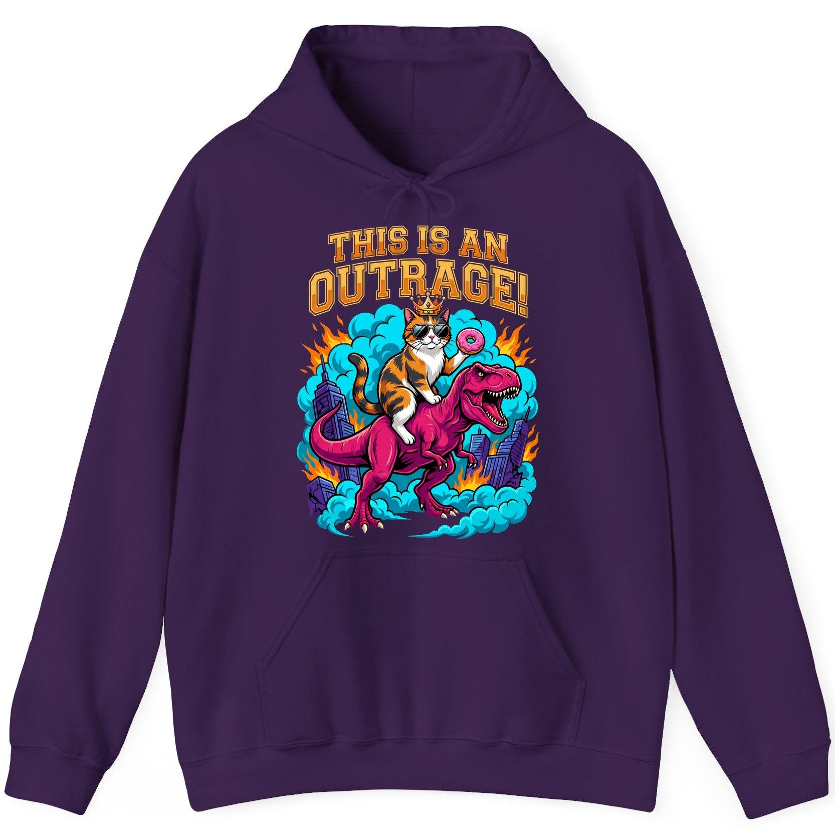 THIS IS AN OUTRAGE! Cat riding a T-Rex Hoodie Purple product mockup
