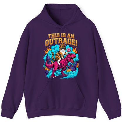 THIS IS AN OUTRAGE! Cat riding a T-Rex Hoodie Purple product mockup