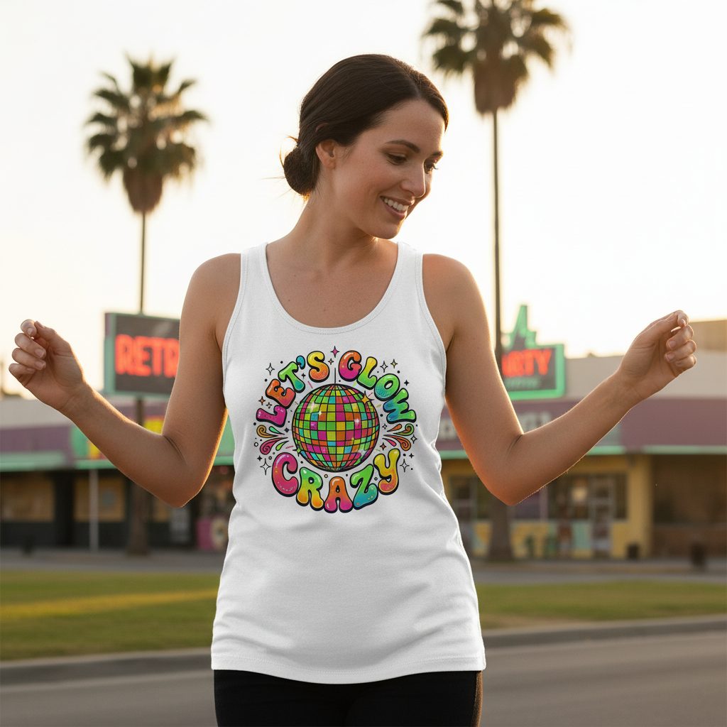 Let's Glow Crazy Retro Party Tank Top - lifestyle model mockup - White