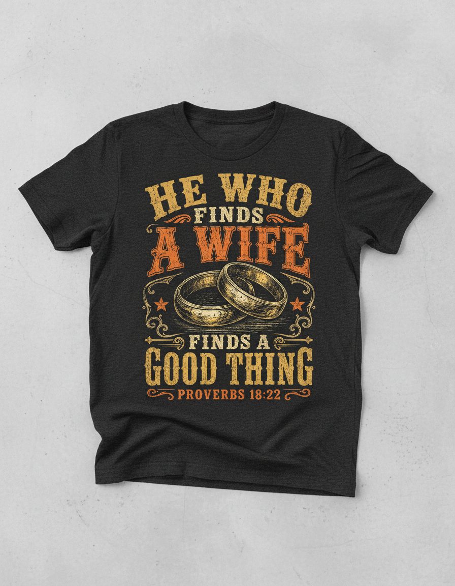 He Who Finds a Wife Finds a Good Thing Proverbs 18 22 T-Shirt - product mockup - Dark Heather