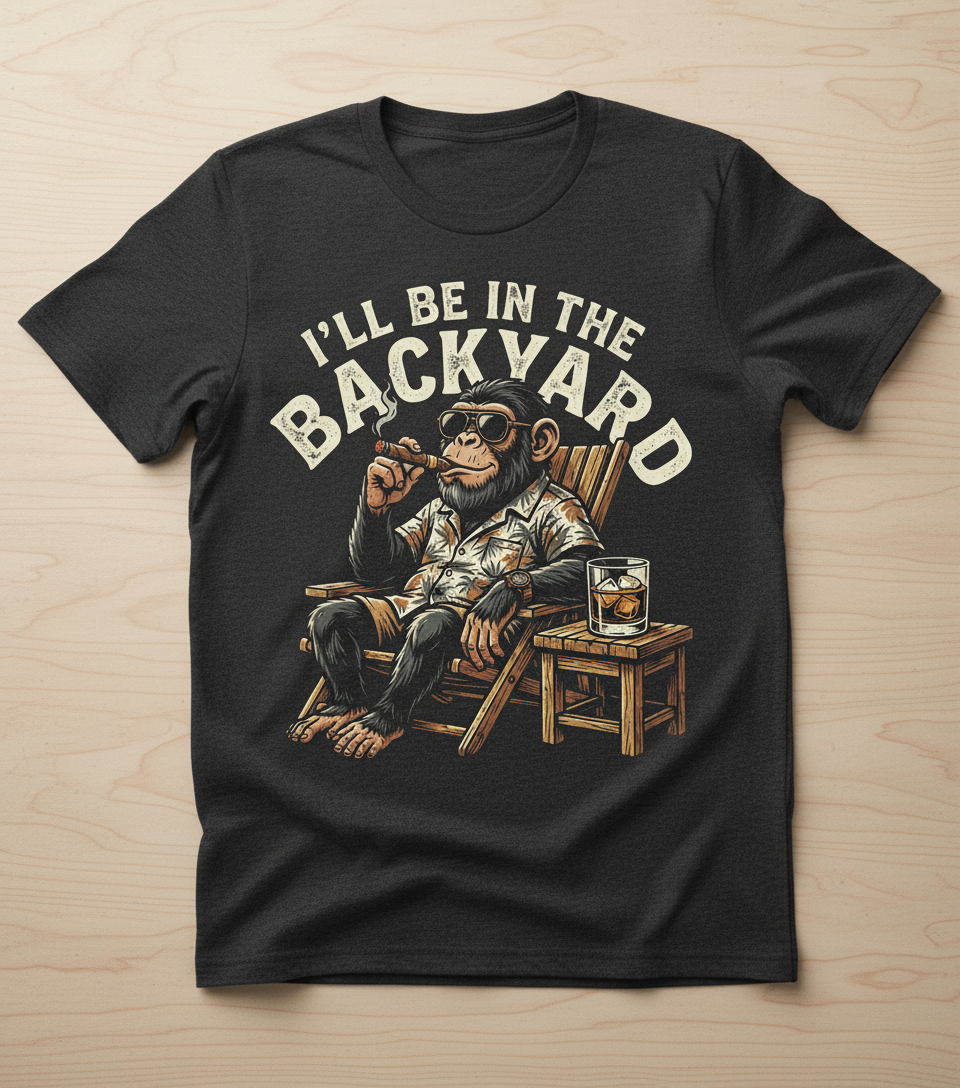 I'll Be In The Backyard Relaxing Chimp with Cigar T-Shirt - Dark Heather