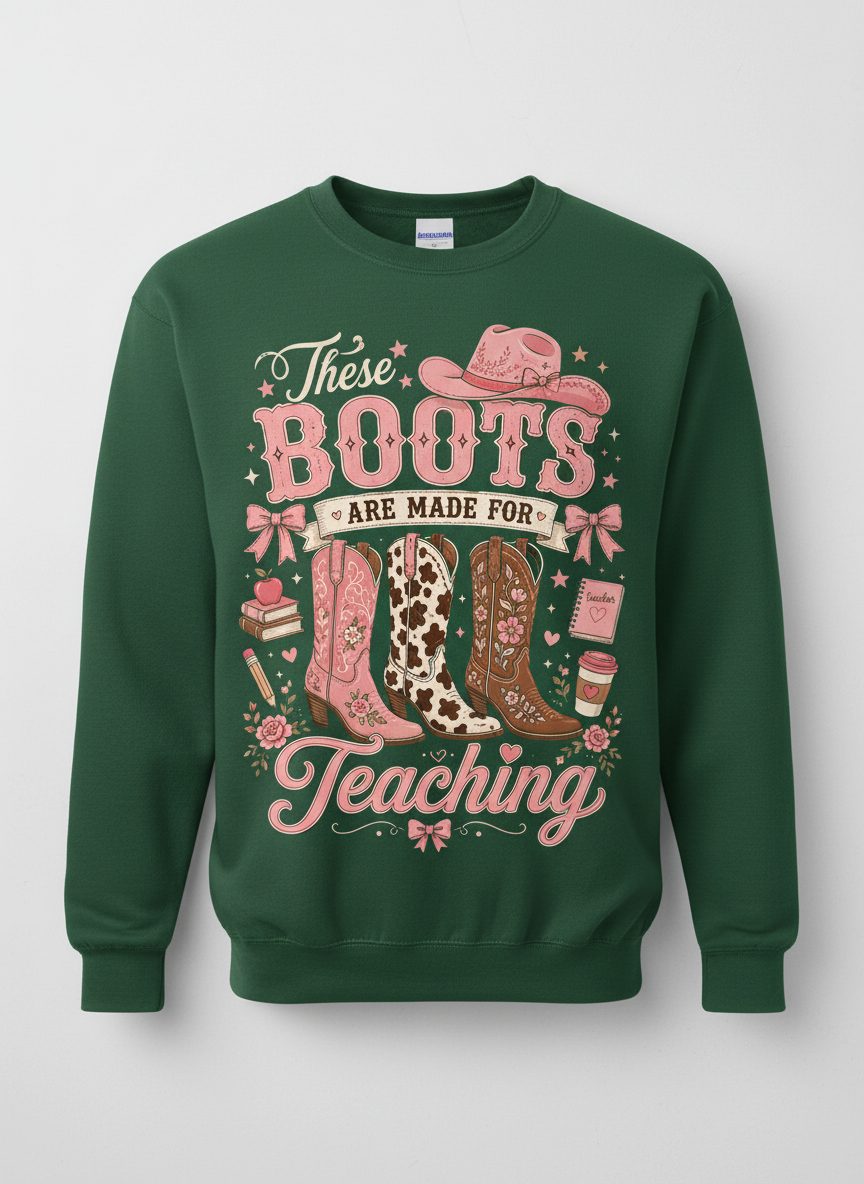 These Boots Are Made for Teaching Teacher Sweatshirt - product mockup - Forest Green