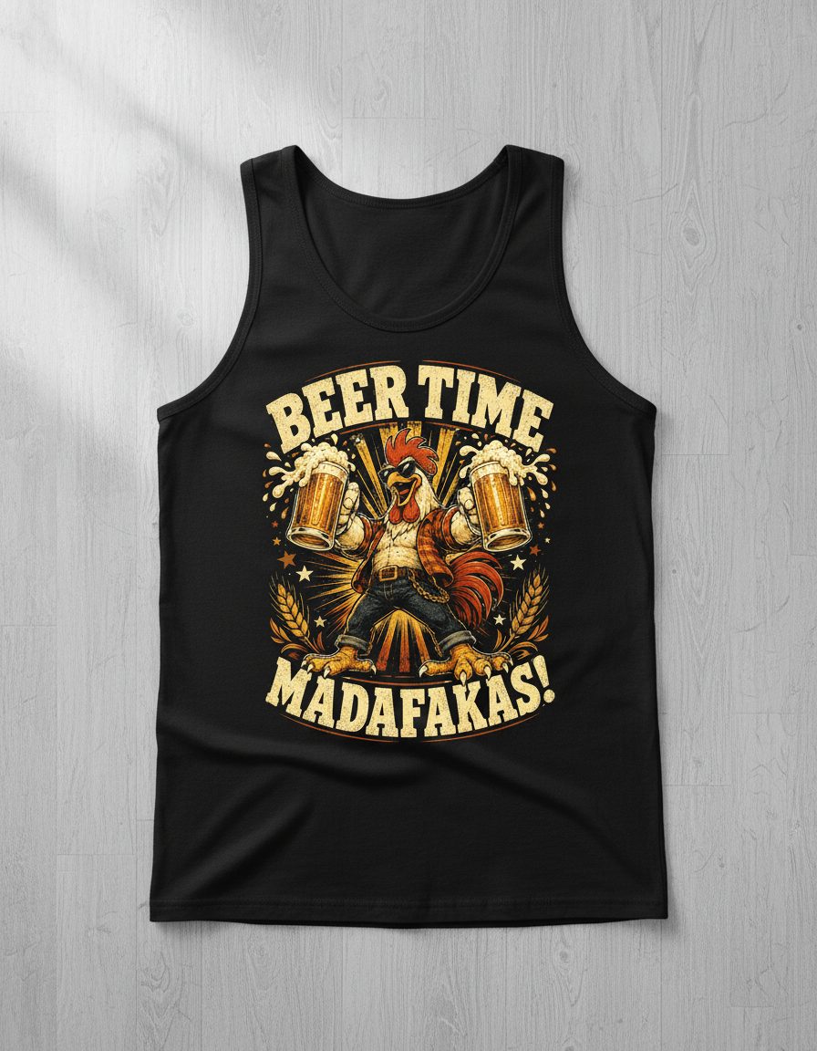 Beer Time Madafakas Funny Rooster Tank Top - product mockup - Black