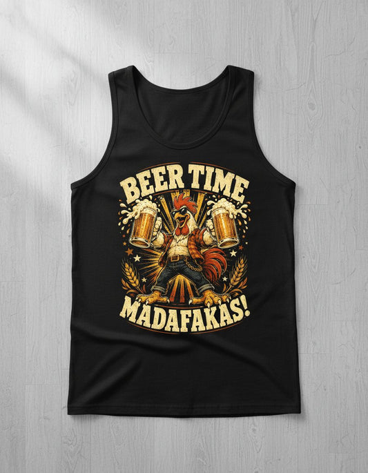 Beer Time Madafakas Funny Rooster Tank Top - product mockup - Black