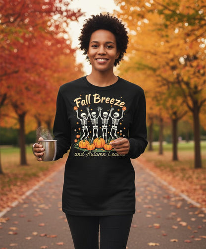 Fall Breeze and Autumn Leaves dancing skeletons Long Sleeve Tee Black lifestyle mockup