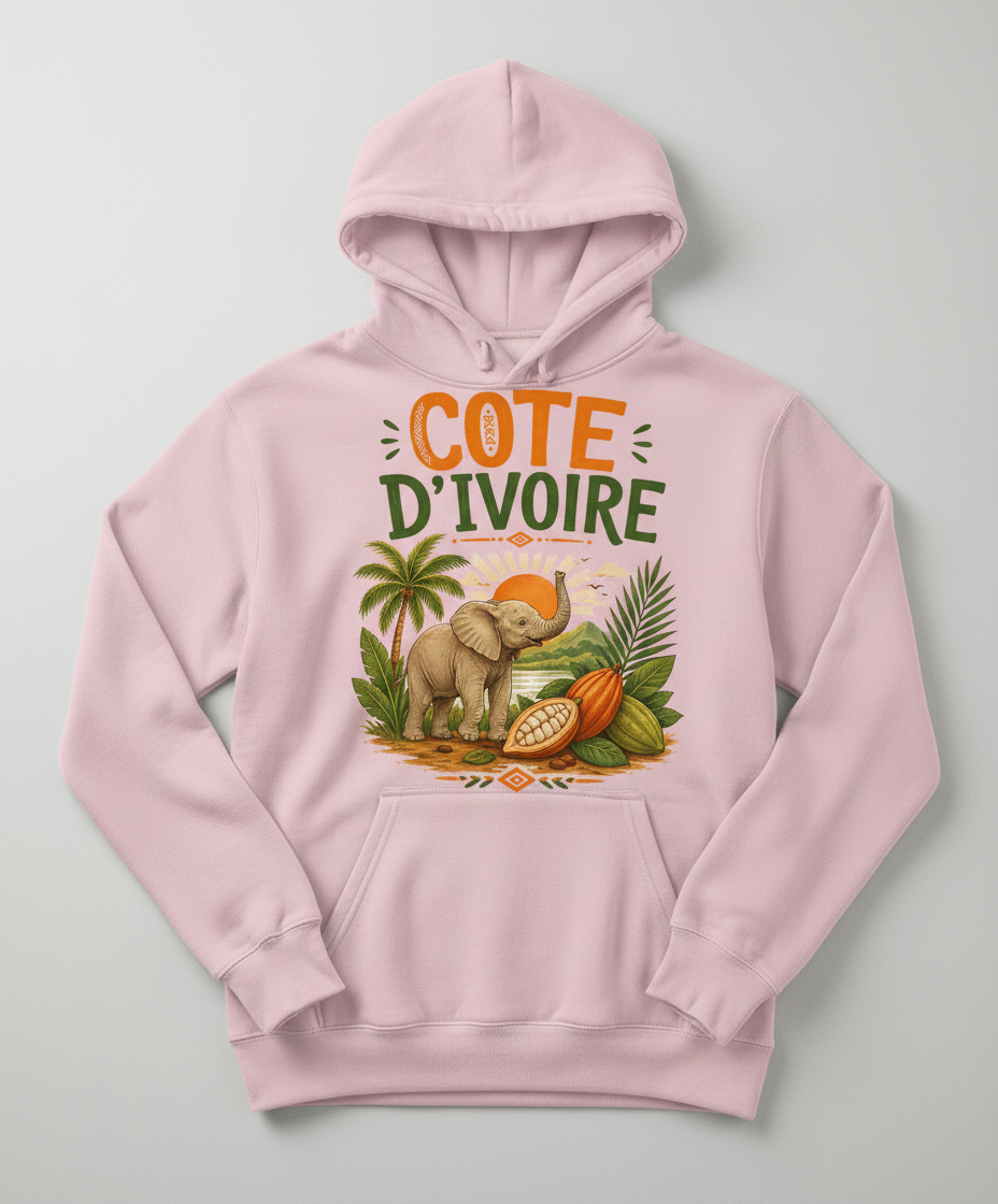 Cote D'Ivoire Elephant Travel Art Hoodie - product mockup - Light Pink