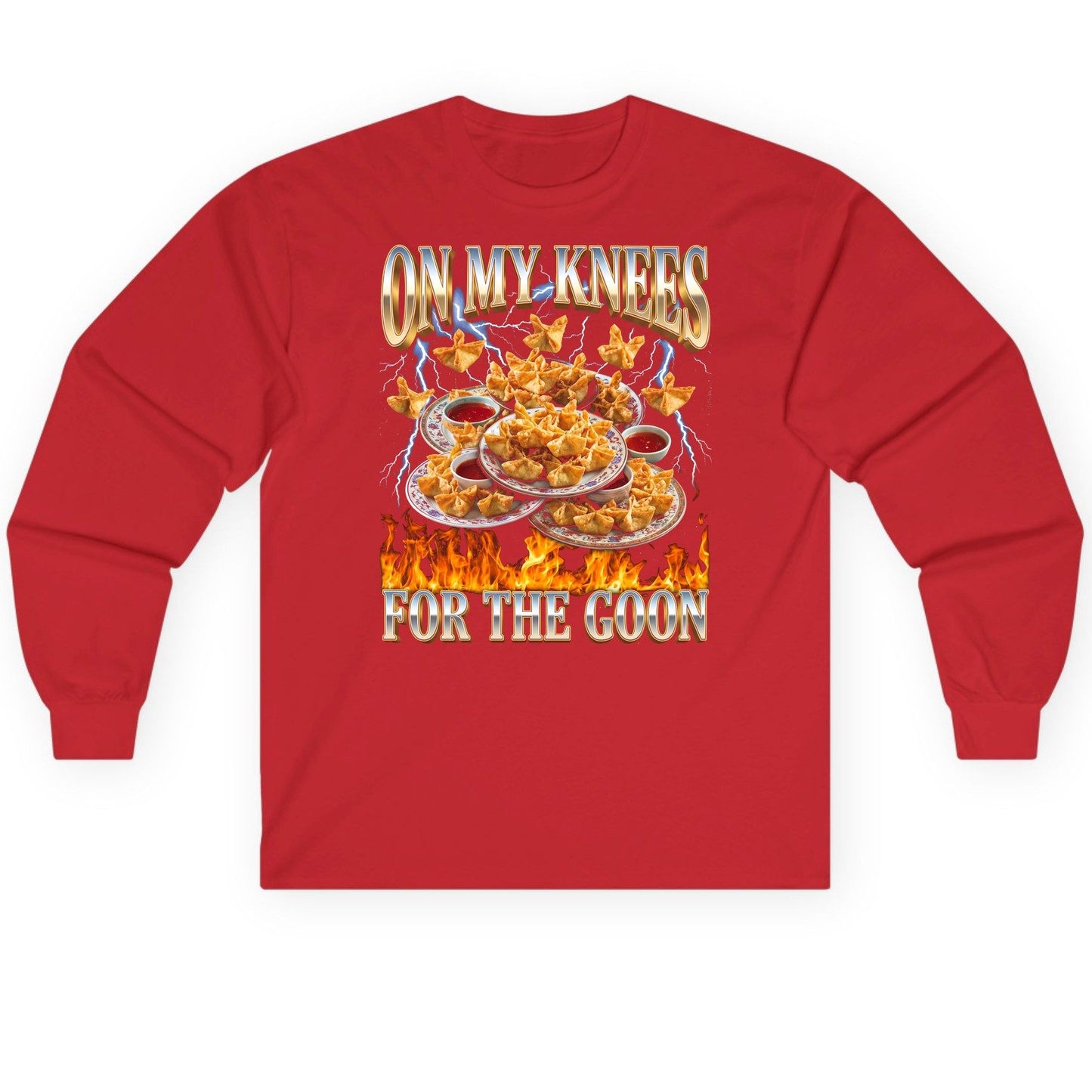 On My Knees for the Goon crab rangoon Long Sleeve Tee Red product mockup
