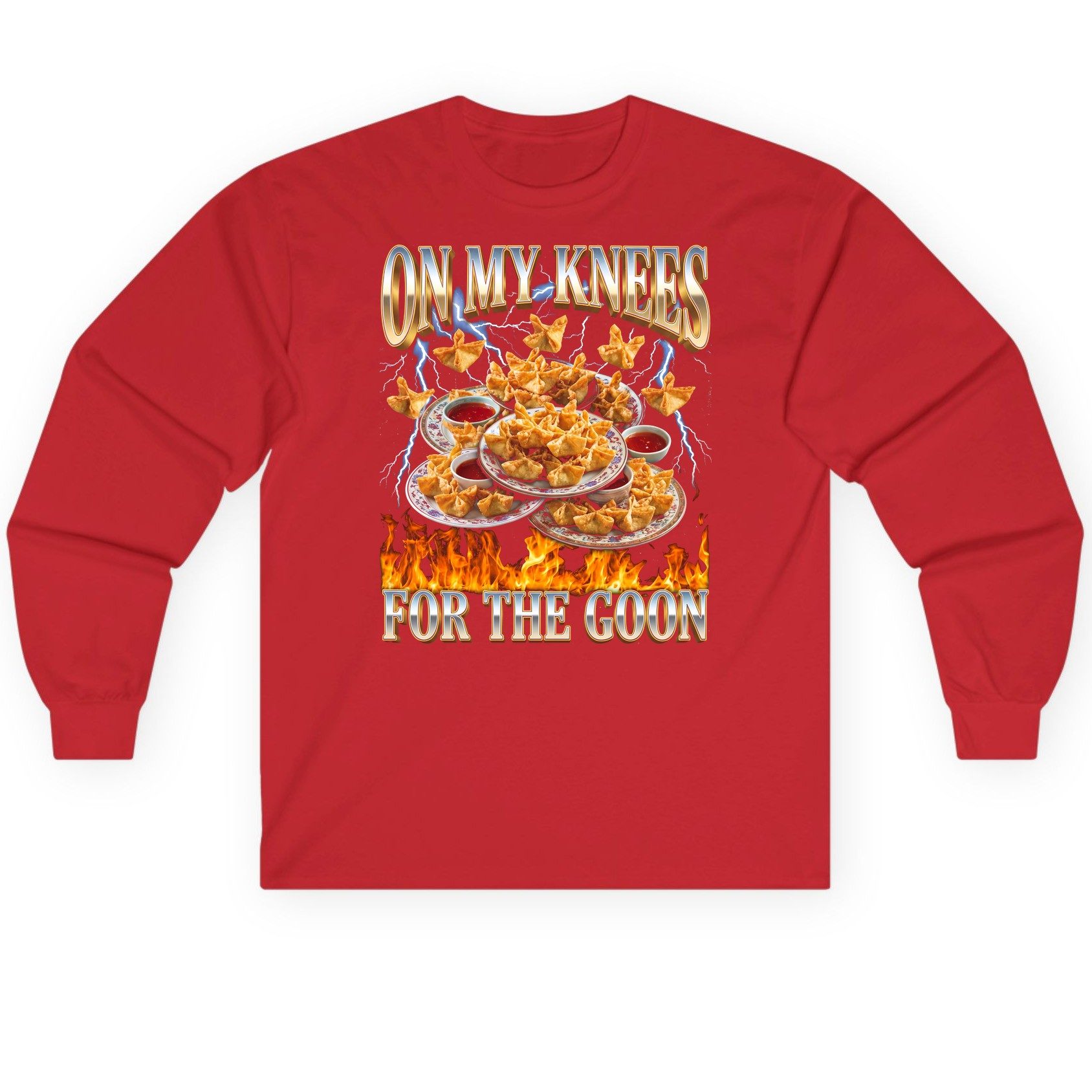 On My Knees for the Goon crab rangoon Long Sleeve Tee Red product mockup