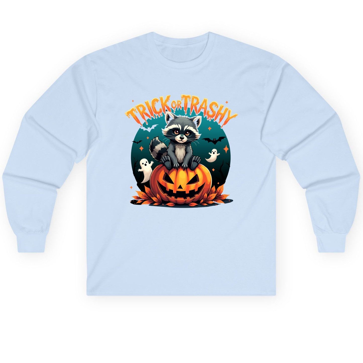 Trick or Trashy Halloween raccoon Long Sleeve Tee Light Blue product mockup