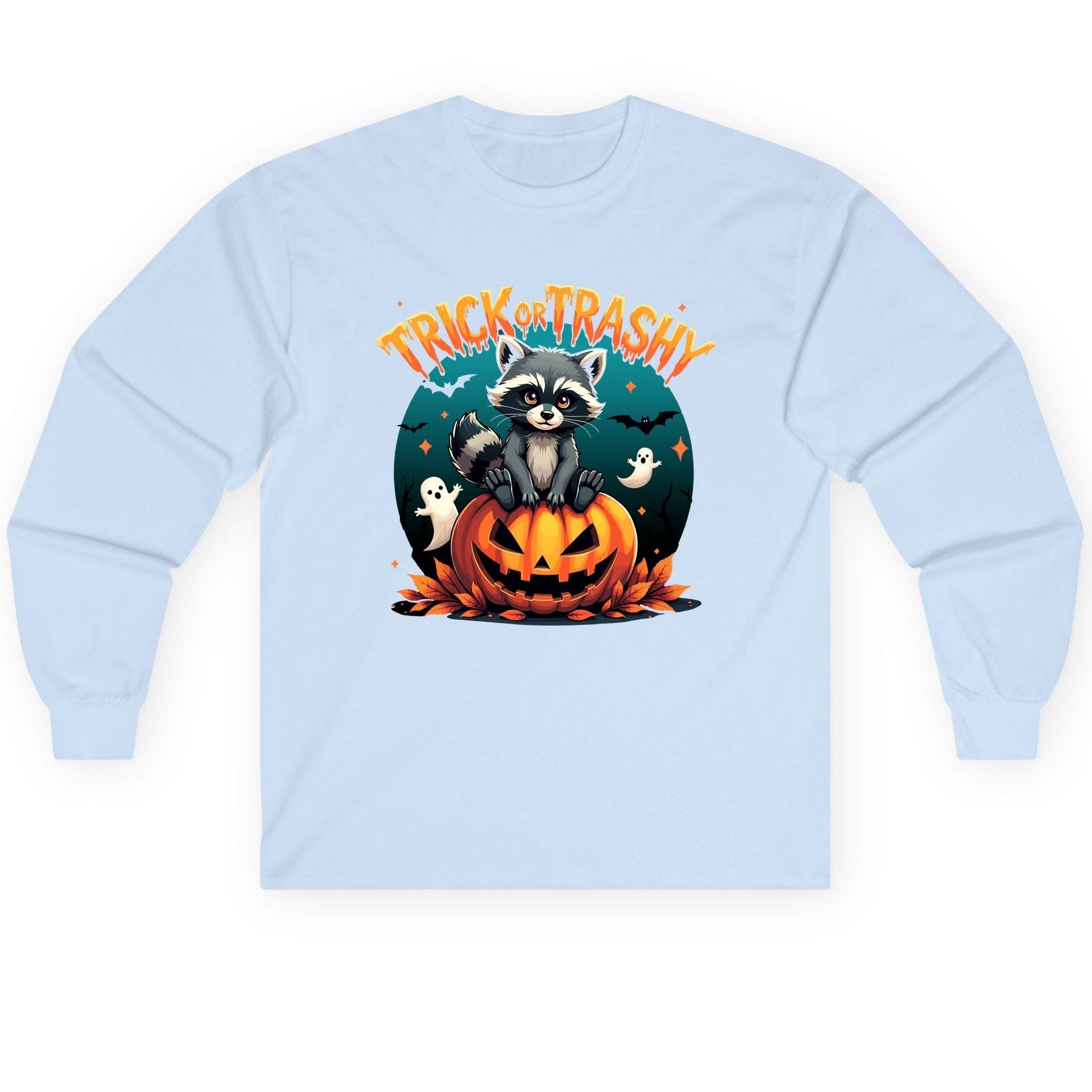 Trick or Trashy Halloween raccoon Long Sleeve Tee Light Blue product mockup