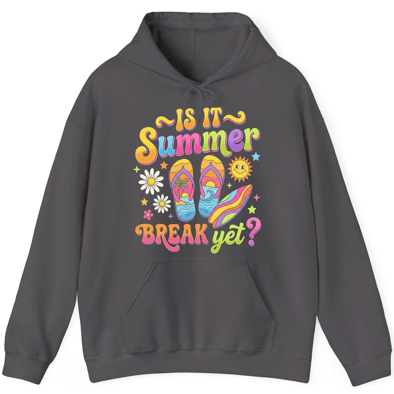Is It Summer Break Yet Retro Vacation Hoodie - product mockup - Charcoal