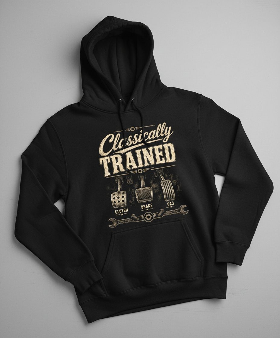 Classically Trained Retro Manual Transmission Hoodie - product mockup - Black
