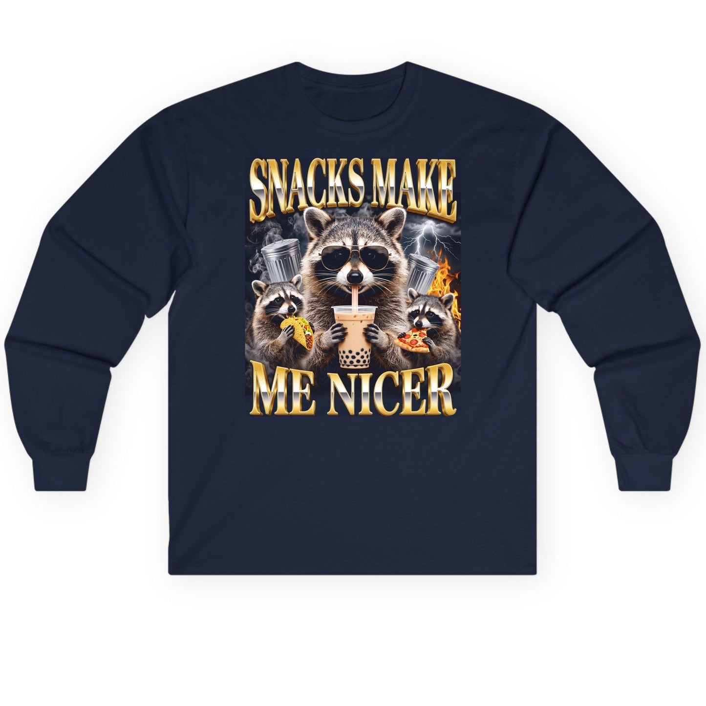 SNACKS MAKE ME NICER Funny Raccoon Long Sleeve Tee - product mockup - Navy
