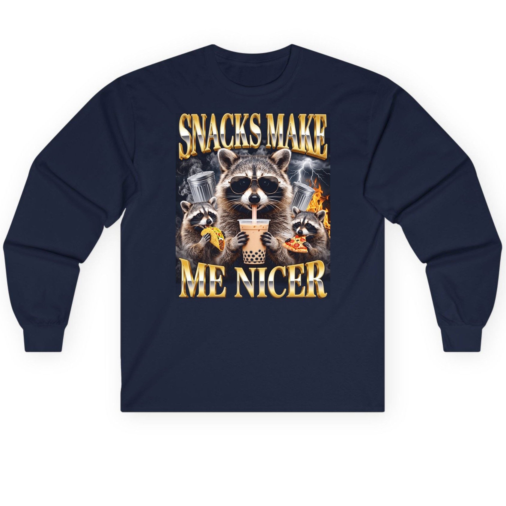 SNACKS MAKE ME NICER Funny Raccoon Long Sleeve Tee - product mockup - Navy
