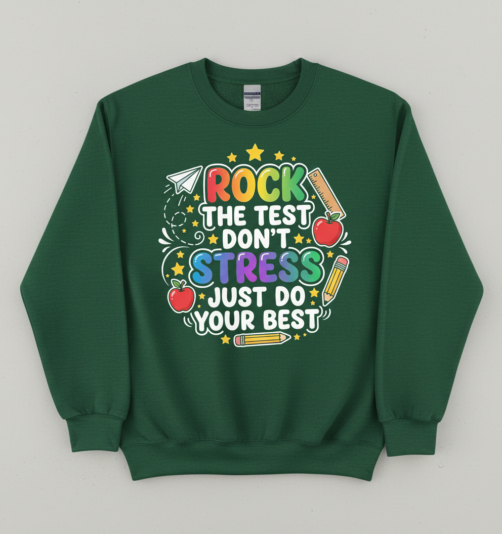 Rock The Test Don't Stress Just Do Your Best Motivational Design Sweatshirt - Forest Green