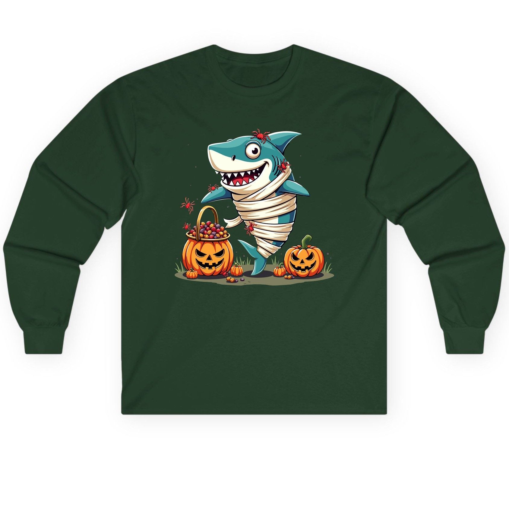 Mummy Shark Halloween shark Long Sleeve Tee Forest Green product mockup