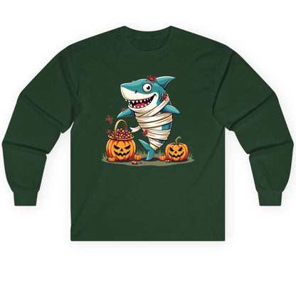 Mummy Shark Halloween shark Long Sleeve Tee Forest Green product mockup